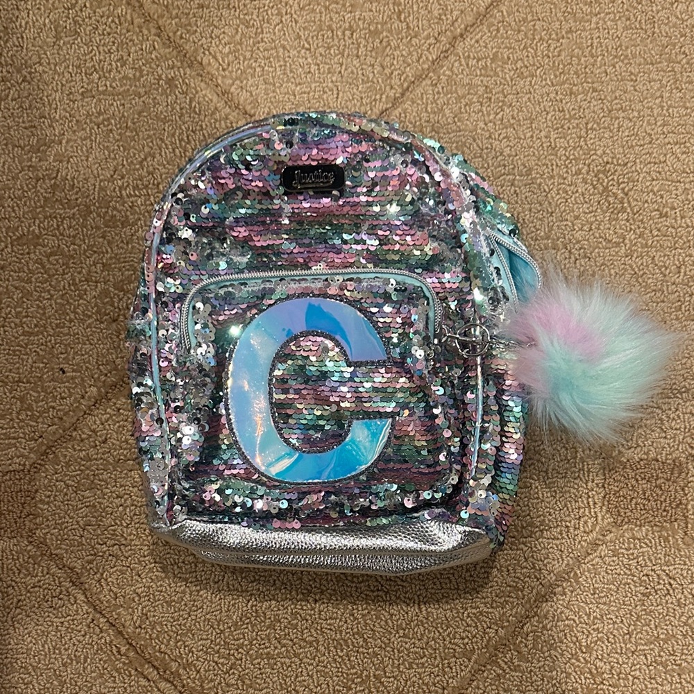 Justice Multicolor Sequin Backpack with Pom Pom and C initial